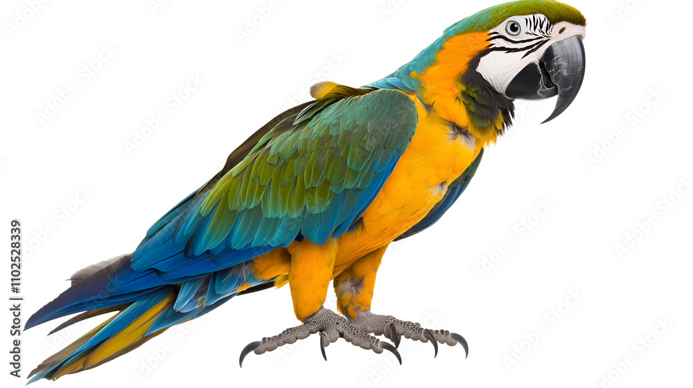 The green-winged macaw is among the largest macaw species It has red body feathers and underwings and is walking on floor Photo on white background. This has clipping path. The green-winged macaw is among the largest macaw species It has red body feathers and underwings and is walking on floor Photo on white background. This has clipping path.