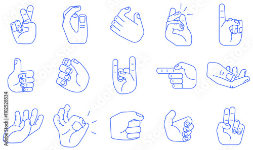 Gestures of hands showing non verbal elements of communication. Vector linear symbols - okay, pointing finger, victory, luck, success in blue for design 