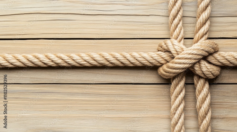 Fototapeta premium Natural Twisted Rope Knot on Rustic Wooden Surface Background