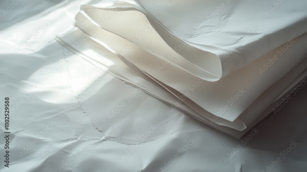 A close-up view of softly folded white fabric, highlighting its texture and creases. The light creates a serene ambiance. A close-up view of softly folded white fabric, highlighting its texture and creases. The light creates a serene ambiance.