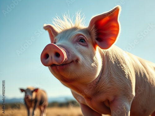 there is a pig that is standing in the grass with another pig. photo