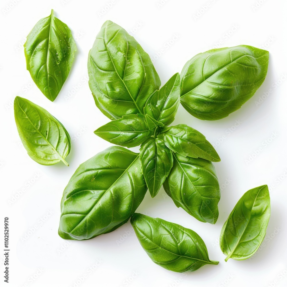 Fototapeta premium Sweet basil leaves isolated on white background closeup.