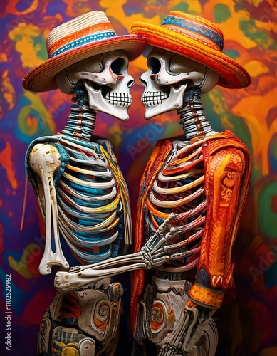 two skeletons kissing each other side profile full body with each skeleton
