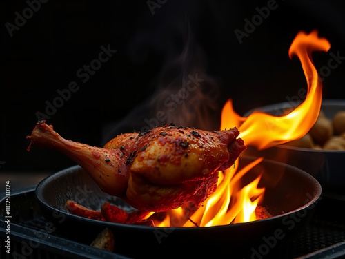 flames are burning in a pan with a chicken on it. photo