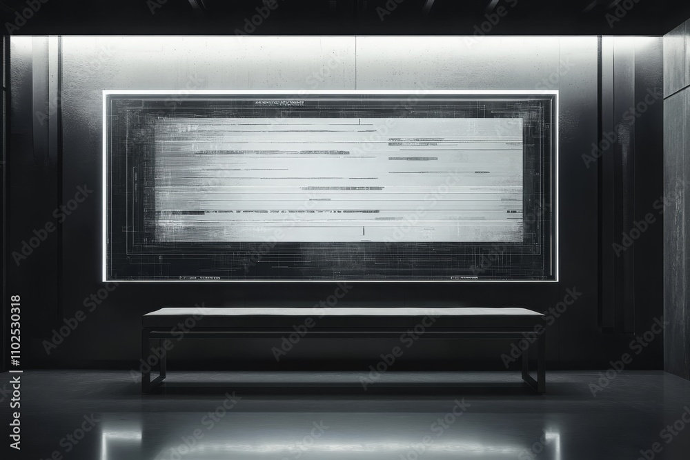 Modern Art Installation Featuring Abstract Digital Patterns on Wall, Illuminated by Soft Lighting, with Minimalist Bench in Front, Creating a Unique Contemporary Atmosphere Modern Art Installation Featuring Abstract Digital Patterns on Wall, Illuminated by Soft Lighting, with Minimalist Bench in Front, Creating a Unique Contemporary Atmosphere