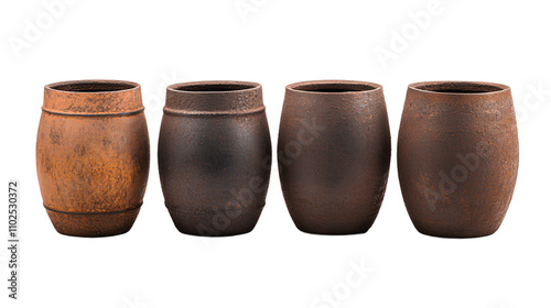 Set of Rusty Metal Barrels on Transparent Background