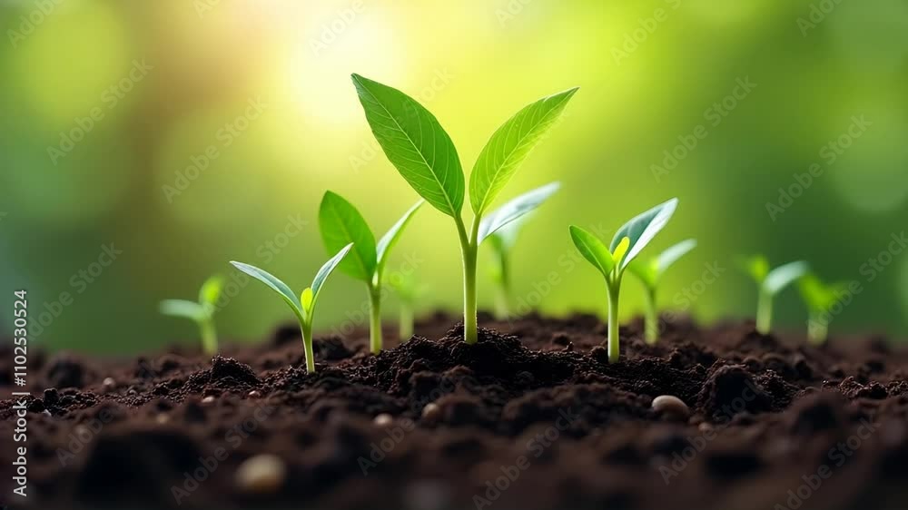 Close-up of growing saplings in soil, representing tree planting efforts for environmental awareness. Close-up of growing saplings in soil, representing tree planting efforts for environmental awareness.