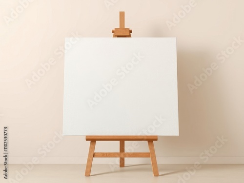 A wooden easel with a large blank canvas leaning against a wall, with empty space and simple lines around it, minimalist decor, studio setup., canvas, painting tool, easel