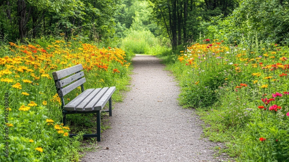 Fototapeta premium Serene Garden Pathway Surrounded by Colorful Wildflowers and Greenery