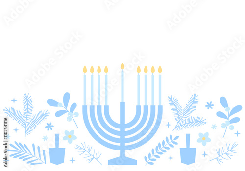 Happy Hanukkah. Celebration with menorah and dreidels, flowers. Blue and white design. Hanukkah religion holiday background with flowers