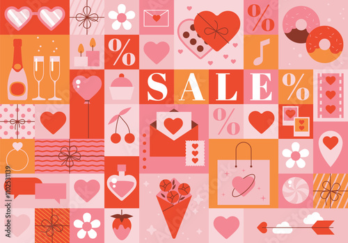 Valentines sale vector banner template. Valentines day store discount promotion. Set of Valentine's day decorative elements. Hearts