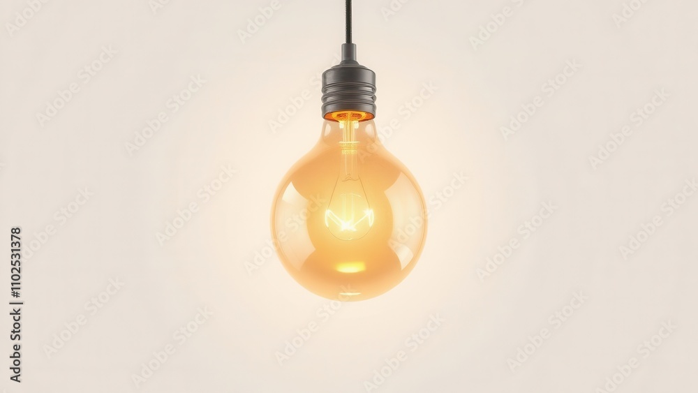 Close-up of a single hanging light bulb with a soft glow and subtle reflections on a white surface, decorative elements, subtle reflections Close-up of a single hanging light bulb with a soft glow and subtle reflections on a white surface, decorative elements, subtle reflections