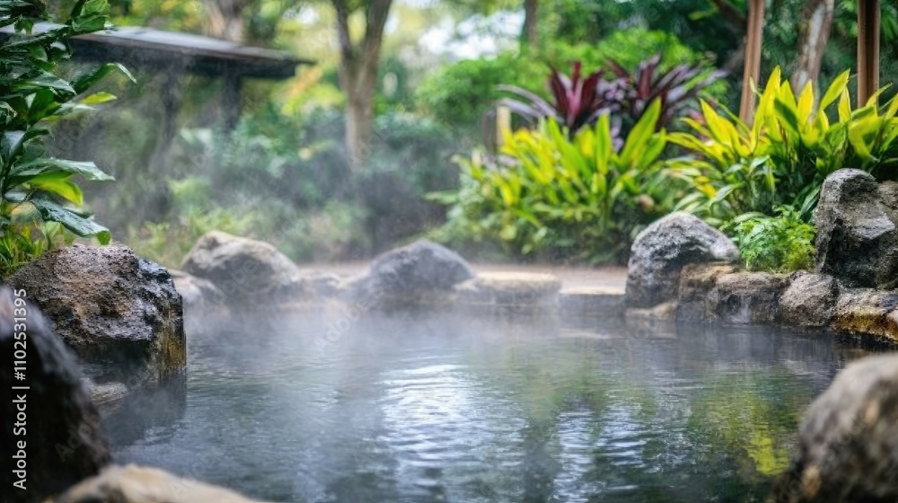 Serene Hot Spring in Lush Green Garden Surrounded by Stones Serene Hot Spring in Lush Green Garden Surrounded by Stones