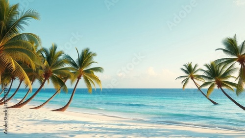 Classic vintage styled image of a tropical ocean beach with lush green palm trees and powdery white sand, , white sand, ocean wave, beach scenery