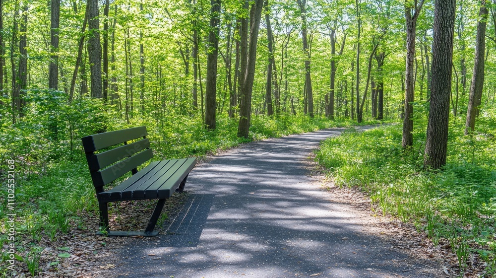 Serene Park Pathway Surrounded by Lush Green Forest Vegetation Serene Park Pathway Surrounded by Lush Green Forest Vegetation