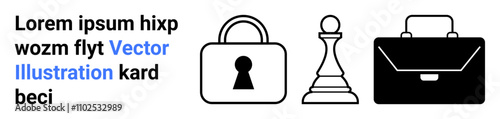 Briefcase, padlock, and chess piece icons next to text in various colors. Ideal for security, business strategy, professionalism, corporate branding, informational design, educational materials