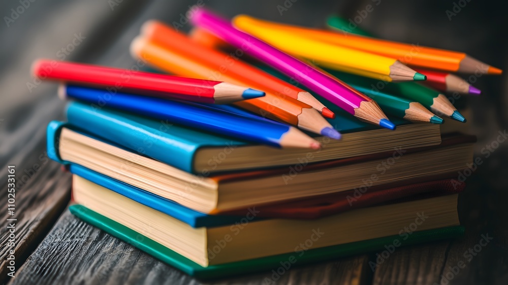 Colorful pencils on a stack of books. Colorful pencils on a stack of books.