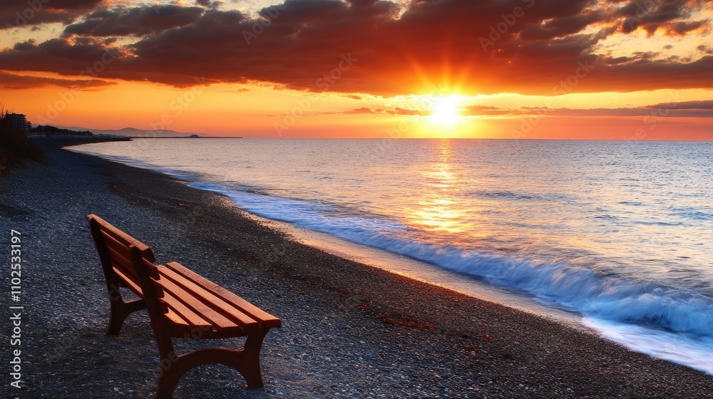 Serene Seascape at Sunset with Empty Bench and Vibrant Sky Serene Seascape at Sunset with Empty Bench and Vibrant Sky