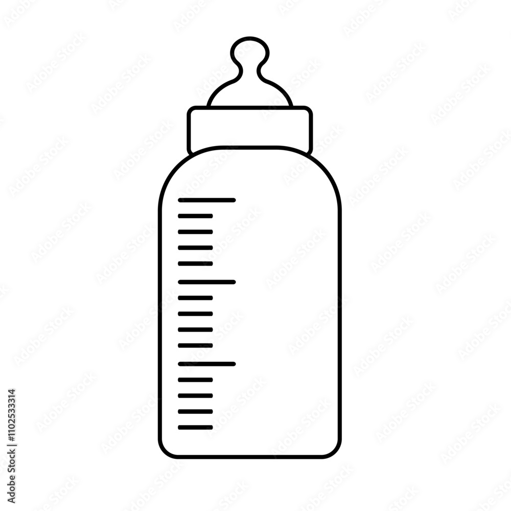 Baby bottle with silicone nipple line art vector illustration, baby milk bottle pacifier line icon