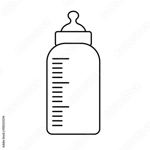 Baby bottle with silicone nipple line art vector illustration, baby milk bottle pacifier line icon
