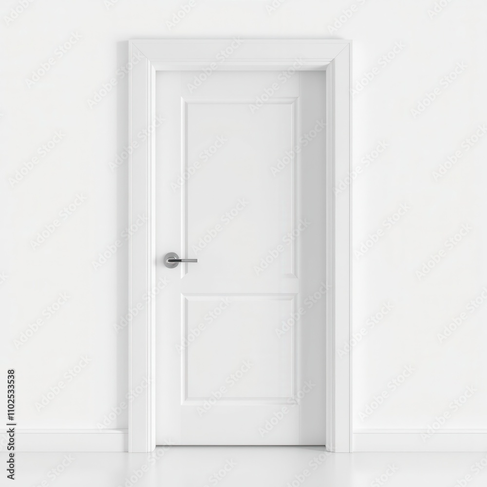 Modern white wooden interior door in a closed position with a subtle lock mechanism isolated on a white background, interior design elements., clean lines, subtle lock mechanism Modern white wooden interior door in a closed position with a subtle lock mechanism isolated on a white background, interior design elements., clean lines, subtle lock mechanism