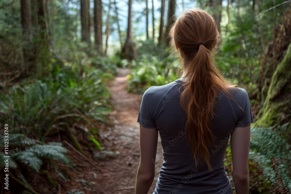 A woman with red hair stands on a forest trail, facing away. Concept of solitude in nature. For outdoor activity inspiration A woman with red hair stands on a forest trail, facing away. Concept of solitude in nature. For outdoor activity inspiration
