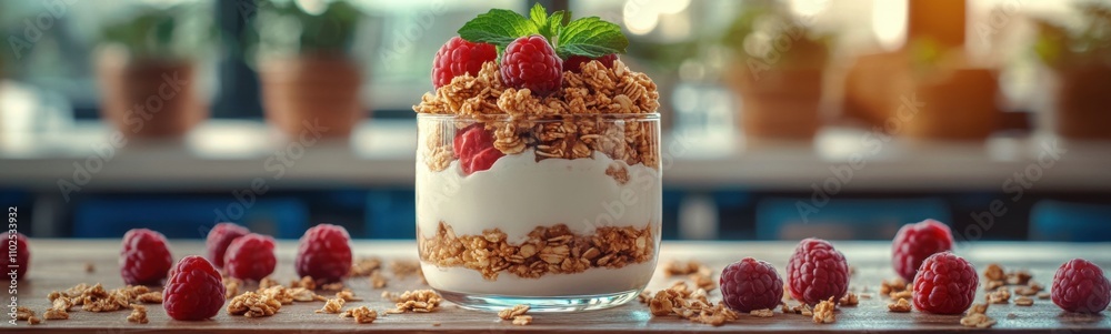 Glass of yogurt with raspberries and granola Glass of yogurt with raspberries and granola