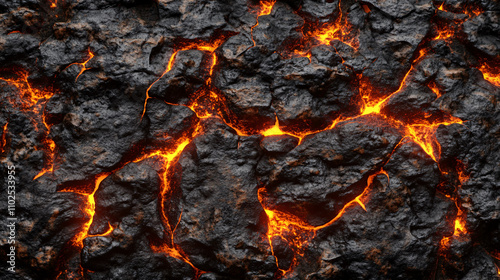 A close-up view of cracked volcanic rock with glowing orange lava seams, showcasing the intense heat and geological activity beneath the surface.