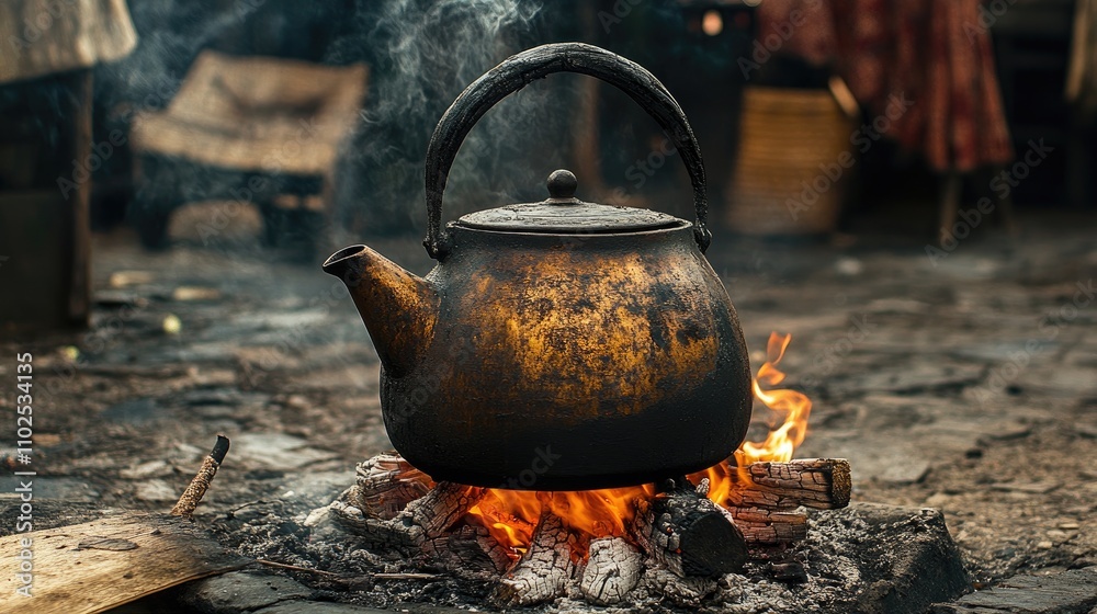 Rustic kettle boiling on an open fire with smoke and warmth Rustic kettle boiling on an open fire with smoke and warmth