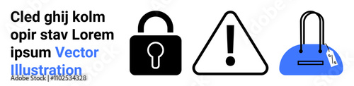 Padlock icon showing security, exclamation icon indicating caution, and blue handbag icon representing personal belongings. Ideal for safety, security checks, alerts, protection, personal items