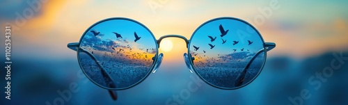 Sunglasses with birds flying in the sky reflected in them, travel , relax photo