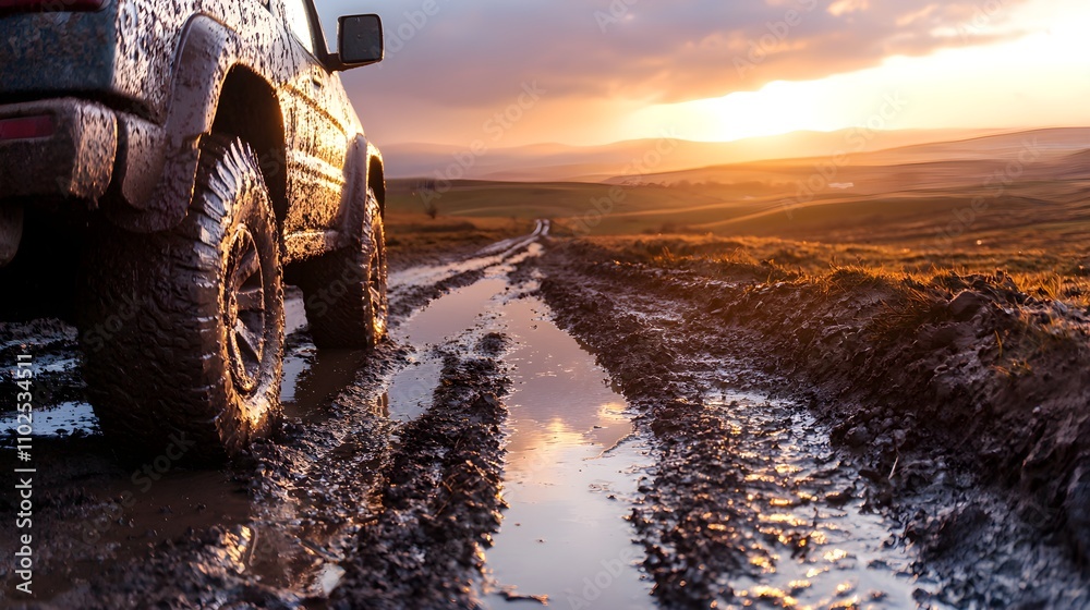 A muddy vehicle stranded on a rain-slick rural path, surrounded by puddles, as the sun starts to rise over faraway hills, signifying a journey from hardship A muddy vehicle stranded on a rain-slick rural path, surrounded by puddles, as the sun starts to rise over faraway hills, signifying a journey from hardship