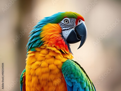 brightly colored parrot with a red head and blue tail. photo