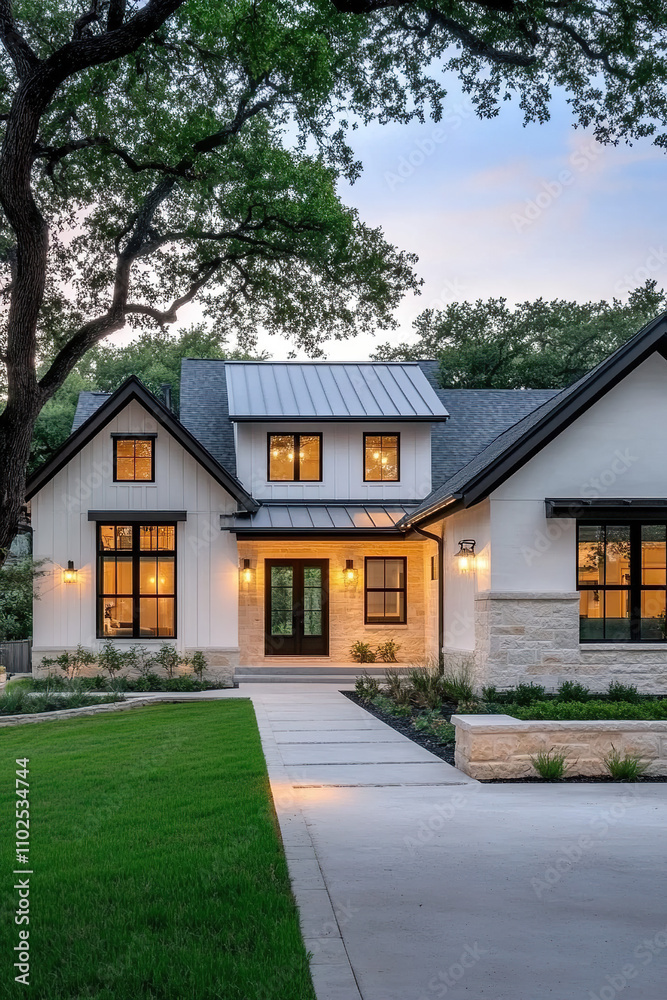 Modern farmhouse-style home exterior design in the contemporary, sleek, and minimalist tone of Texas real estate architecture photography, featuring white walls with black trim and windows. Modern farmhouse-style home exterior design in the contemporary, sleek, and minimalist tone of Texas real estate architecture photography, featuring white walls with black trim and windows.