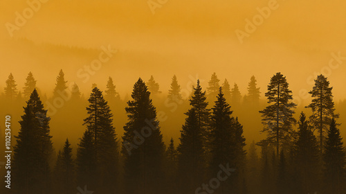 A serene forest silhouette against a golden-hued sky, creating a tranquil and ethereal atmosphere.