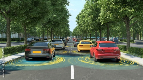 A street scene with cars and trees, illustrating smart driving technology.