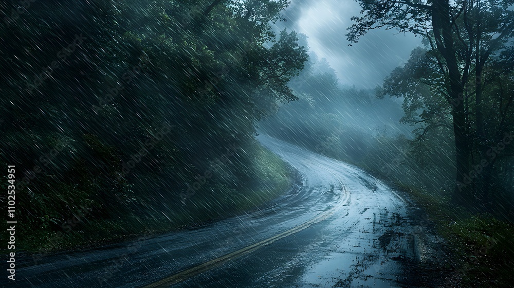 A narrow, rain soaked mountain road with windswept trees, dramatic storm clouds, and torrential rain blurring the scene, evoking tension and wilderness peril A narrow, rain soaked mountain road with windswept trees, dramatic storm clouds, and torrential rain blurring the scene, evoking tension and wilderness peril