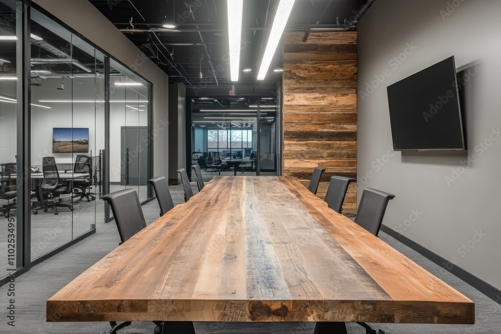 Fototapeta premium Spacious modern conference room with a large wooden table, sleek black chairs, and contemporary design elements for professional meetings and brainstorming sessions.