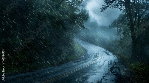 A narrow, rain soaked mountain road with windswept trees, dramatic storm clouds, and torrential rain blurring the scene, evoking tension and wilderness peril