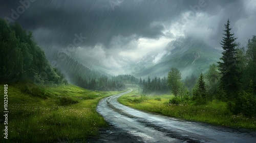 A narrow, rain soaked mountain road with windswept trees, dramatic storm clouds, and torrential rain blurring the scene, evoking tension and wilderness peril