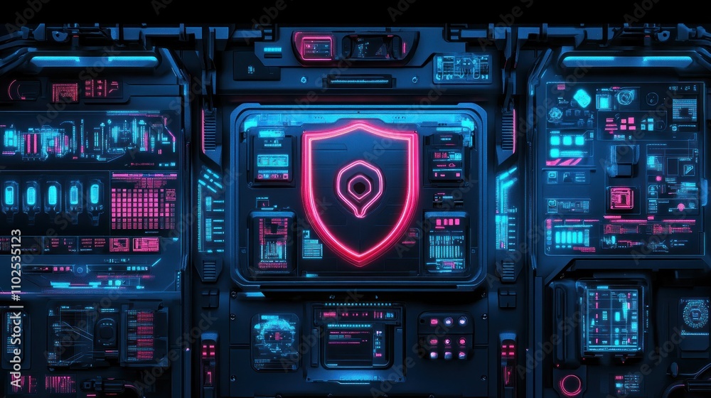 Futuristic digital interface with a shield symbol, emphasizing security and technology. Futuristic digital interface with a shield symbol, emphasizing security and technology.