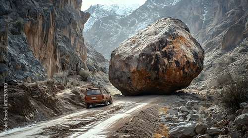 A narrow, rocky road in the mountains with a large boulder blocking the path, a car stopped in front of it, symbolizing an unexpected failure to continue the journey photo