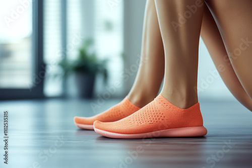 Orange slip-on shoes are worn indoors on a wooden floor. Concept of comfort and casual fashion. For shoe product photo.