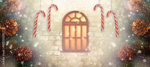 Christmas background with glowing cottage window, candy canes, decorative fir tree branch and cones. New Year winter holidays fantasy cozy concept, snowy wide fairy tale banner, magic mysterious card.