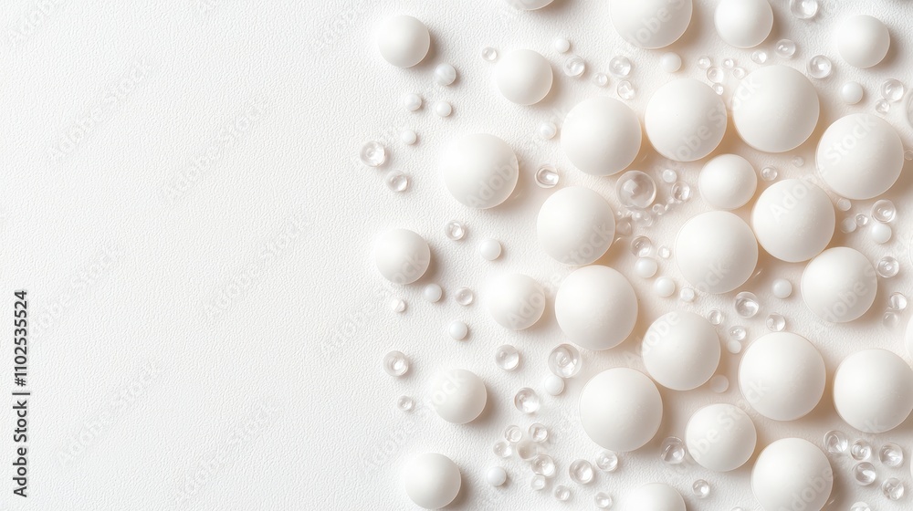 Overhead view of scattered white round pills with soft shadows on a white surface, conveying simplicity and clarity, optimized for ad content
