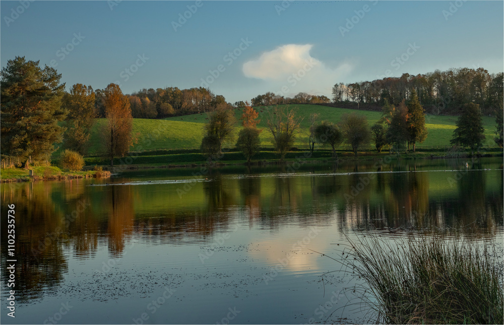 Autumn reflections in a lake with one lone cloud in the sky Autumn reflections in a lake with one lone cloud in the sky