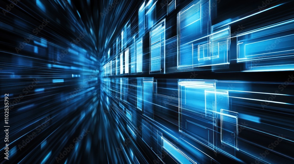 Abstract representation of digital data flow with blue and black hues. Abstract representation of digital data flow with blue and black hues.