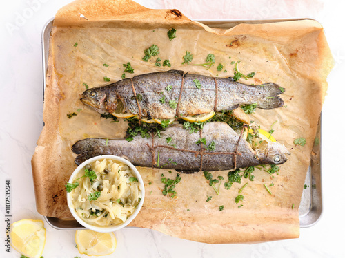Top view of whole grilled white fish with lemon, parsley and onion sauce