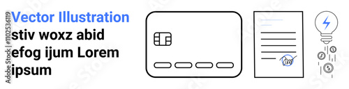 Credit card, signed document, and a lightbulb connected with digital icons, showcasing innovation and workflow. Ideal for finance, technology, e-commerce, contracts, innovation security business