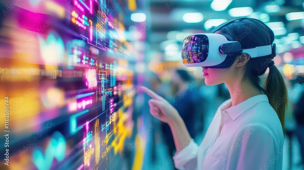 A bustling marketplace where people exchange items through augmented reality interfaces A bustling marketplace where people exchange items through augmented reality interfaces